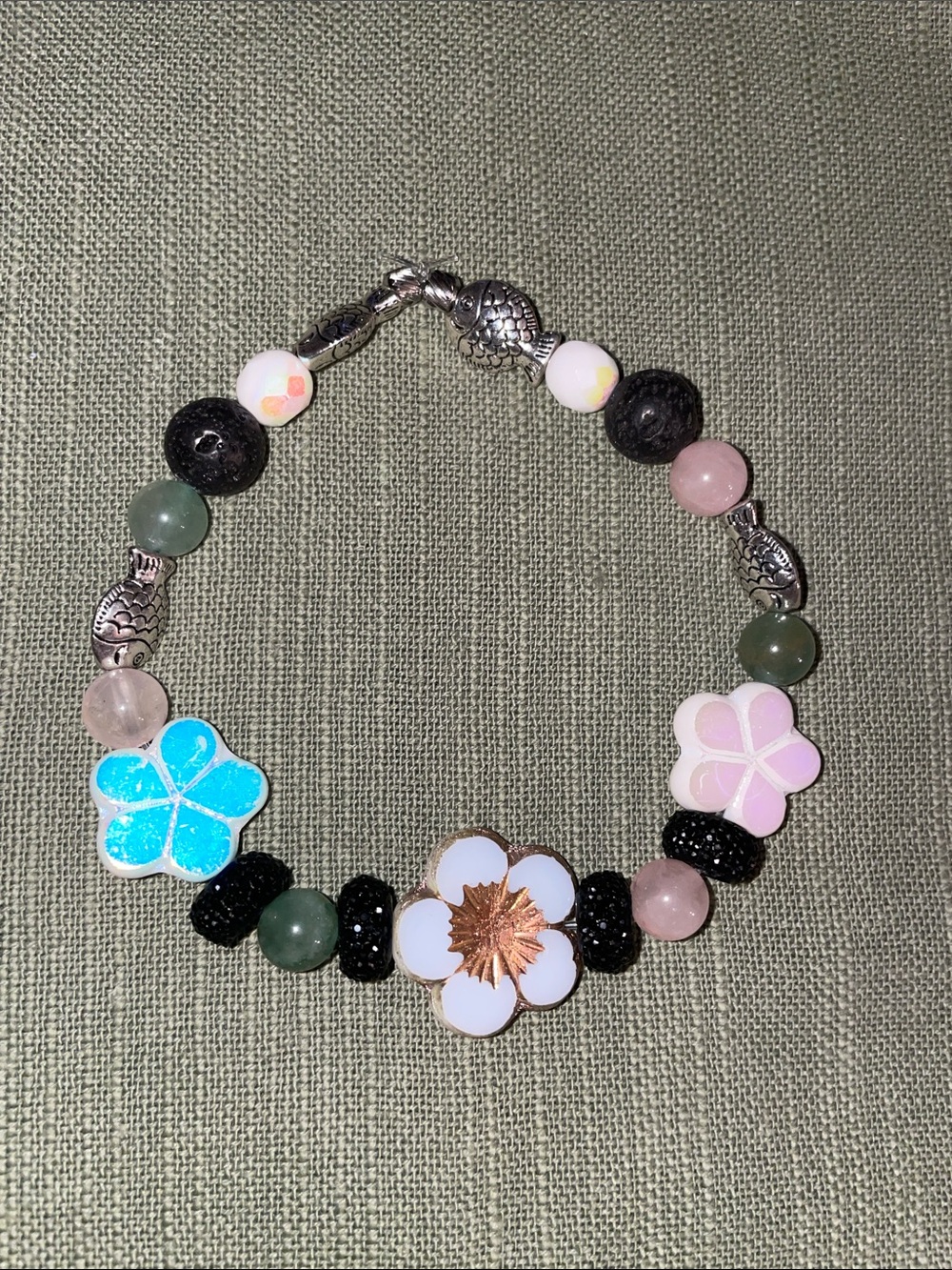 Handcrafted Czech Glass petals and Pewter fish Bracelet